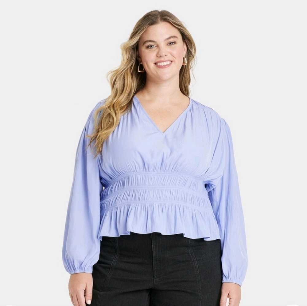 Women's Long Sleeve Smocked Blouse - Universal Thread Blue 2X